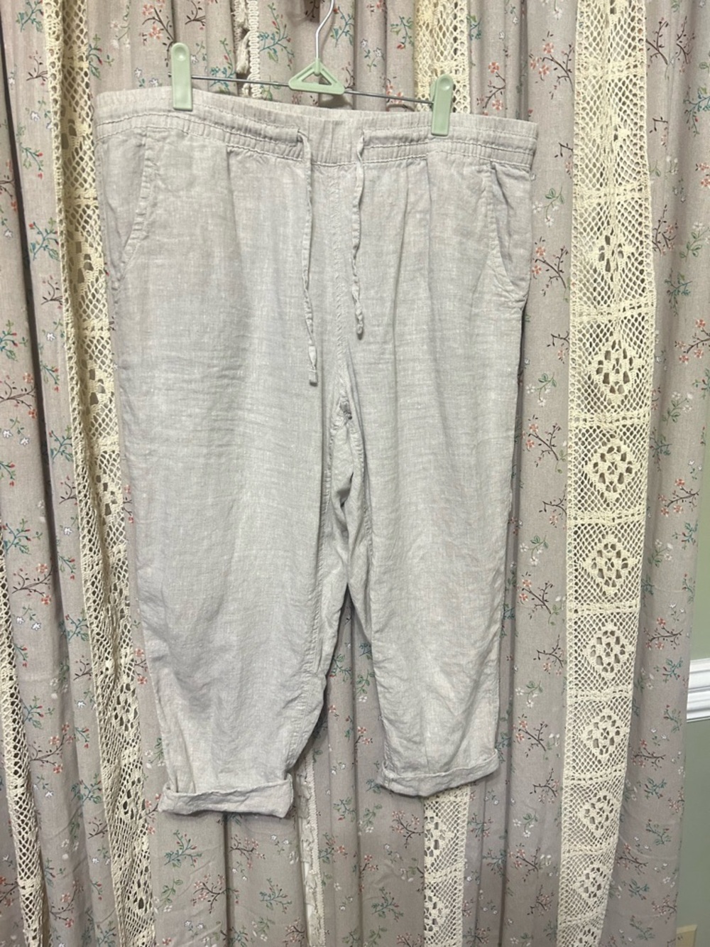 2/$28 L.L. Bean Linen Pants Petite 16 Neutral Pull On Cropped Coastal w/ Pockets
